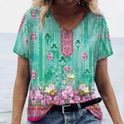 2024 Women T-shirt Graphic Print Plus Size Top Summer Blouse Women's Trend Clothing Fashion Short Sleeve Shirt Women V-Neck Tees