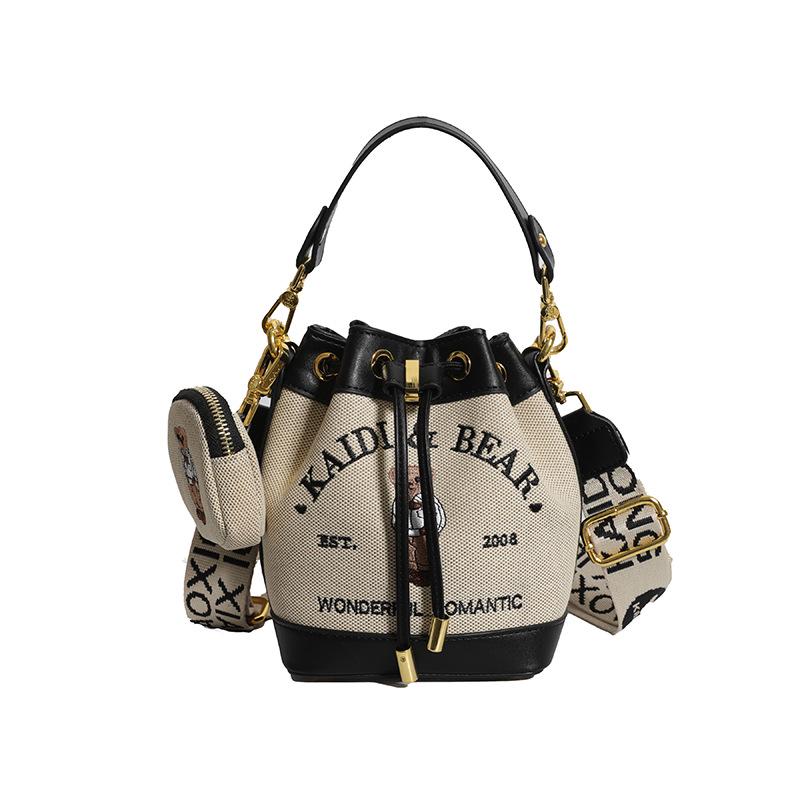 Katy Bear 2025 Women's Embroidered Cute Bear Drawstring Bucket Crossbody Bag