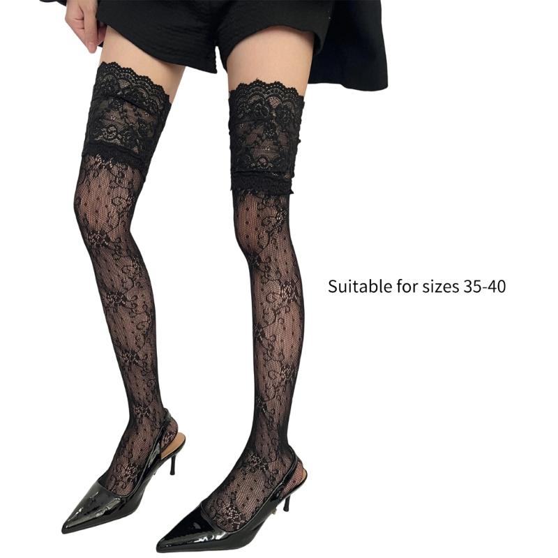 Vintage Colorful Patterned Over Knee Socks Floral Lace Trim Fishnet Mesh Stretchy Nylon Thigh High Stockings For Women