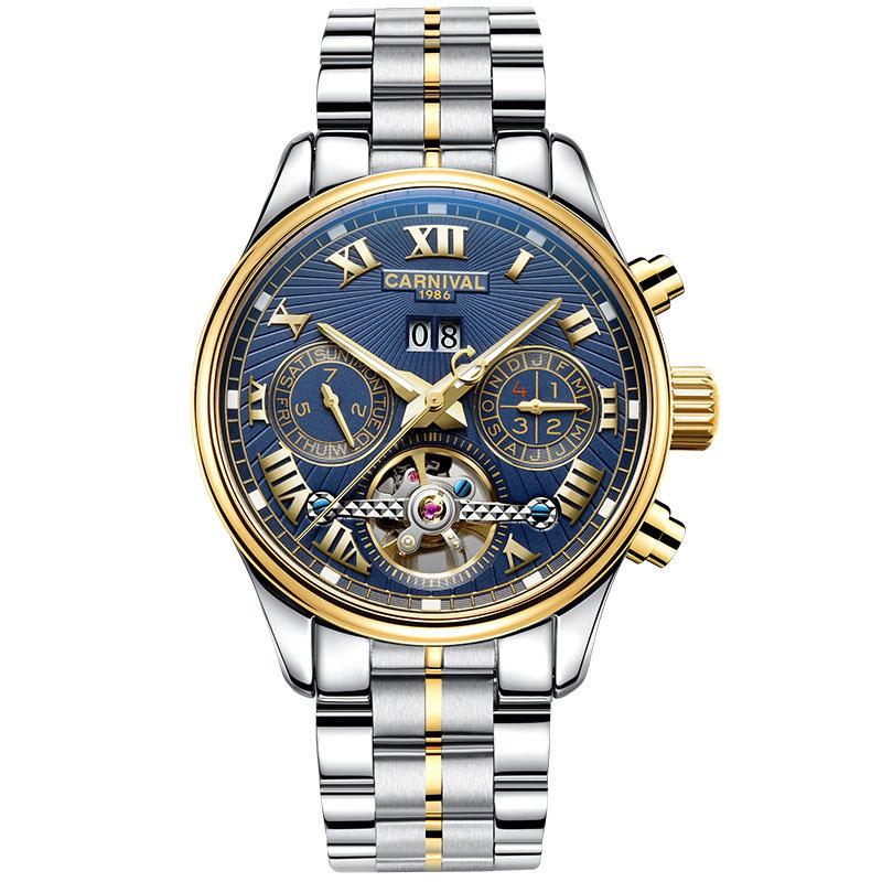 CARNIVAL Stainless Steel Automatic Mechanical Watch Mens Top Luxury Brand Tourbillon Sports Luminous Date Men Watches
