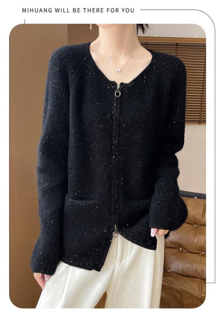 Women's Double Zipper Wool Cardigan - Silk-Cashmere Blend, Long-Sleeved, with Pockets