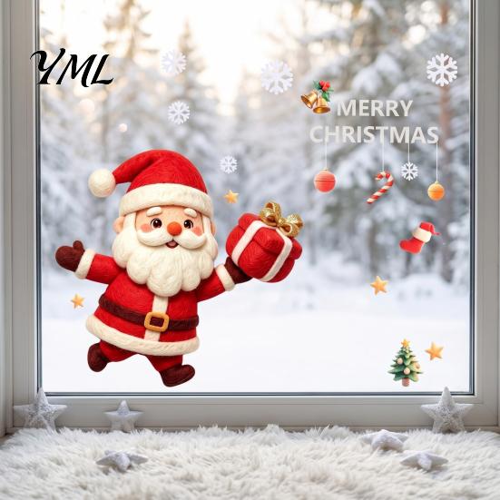 Indoor Outdoor Window Decor Christmas Santa Claus Static Glass Sticker, Removable PVC Decal, Waterproof Decorative Stickers for Store Windows Wall Art