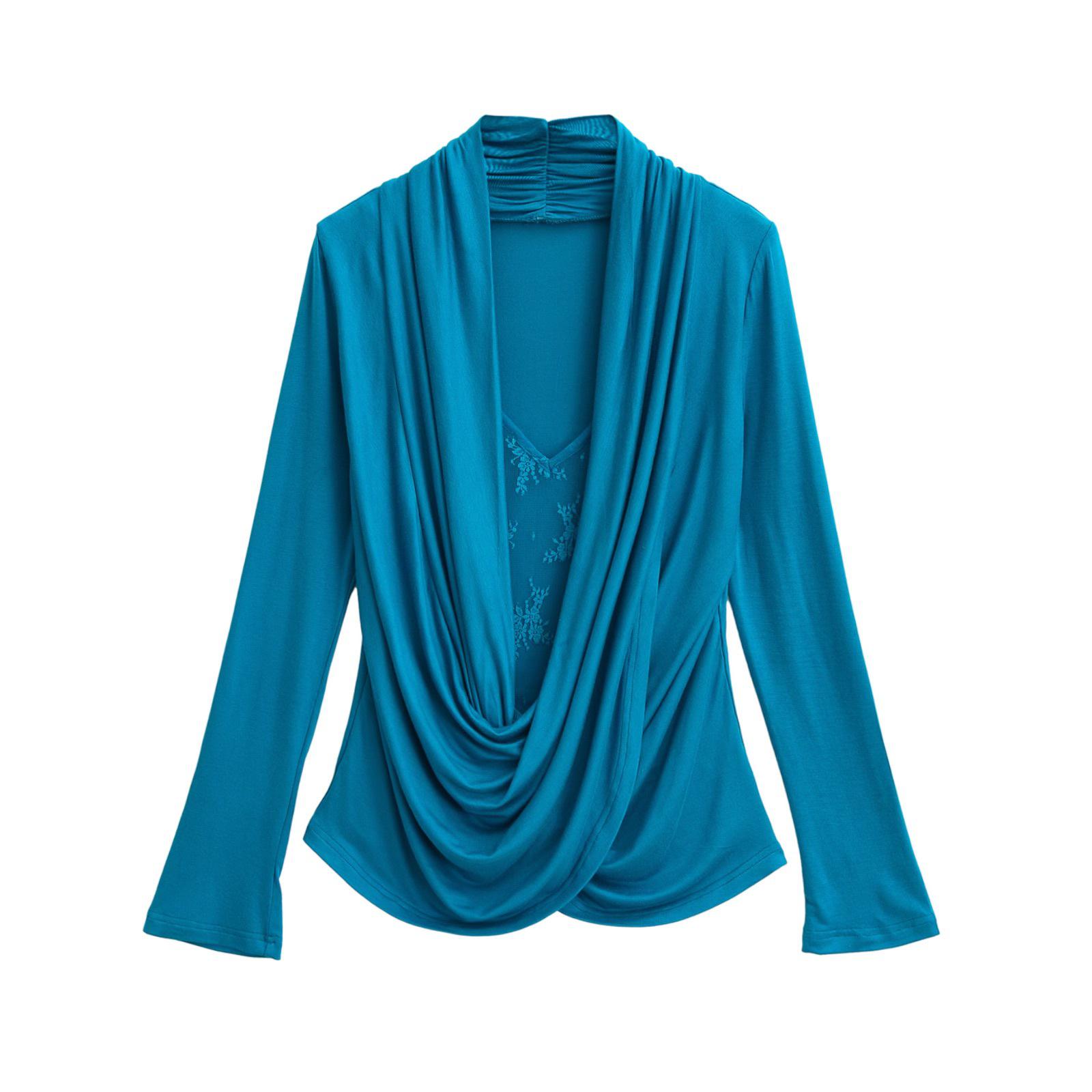 

Женская белая футболка из двух частей с кружевной вставкой и вырезом-хомут - Длинный рукав, приталенный крой для весны/лета Large