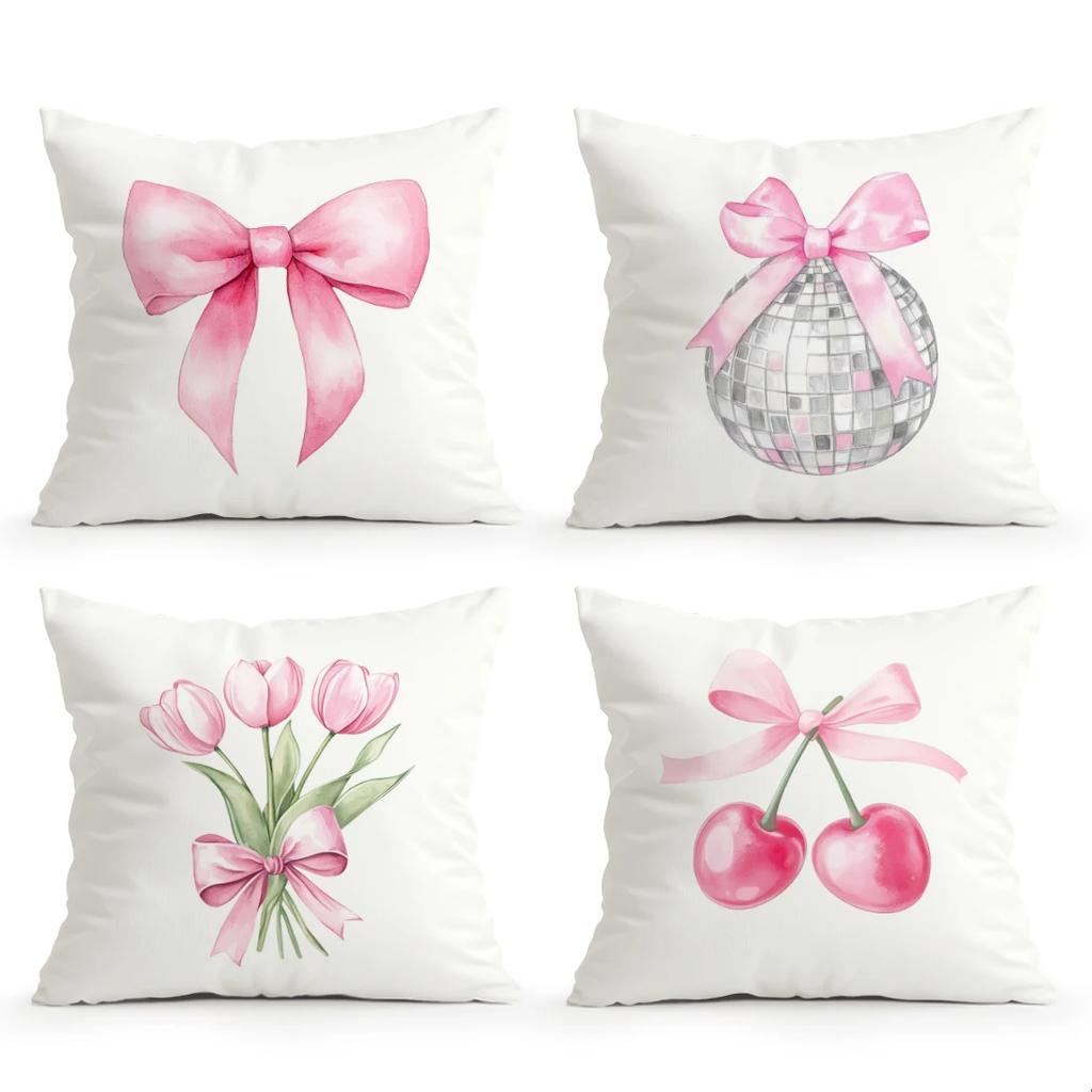 4 Pcs Pink Bow Single-Sided Printed Pillowcase Cushion Cover,Suitable For Living Room,Bedroom,Car Decoration