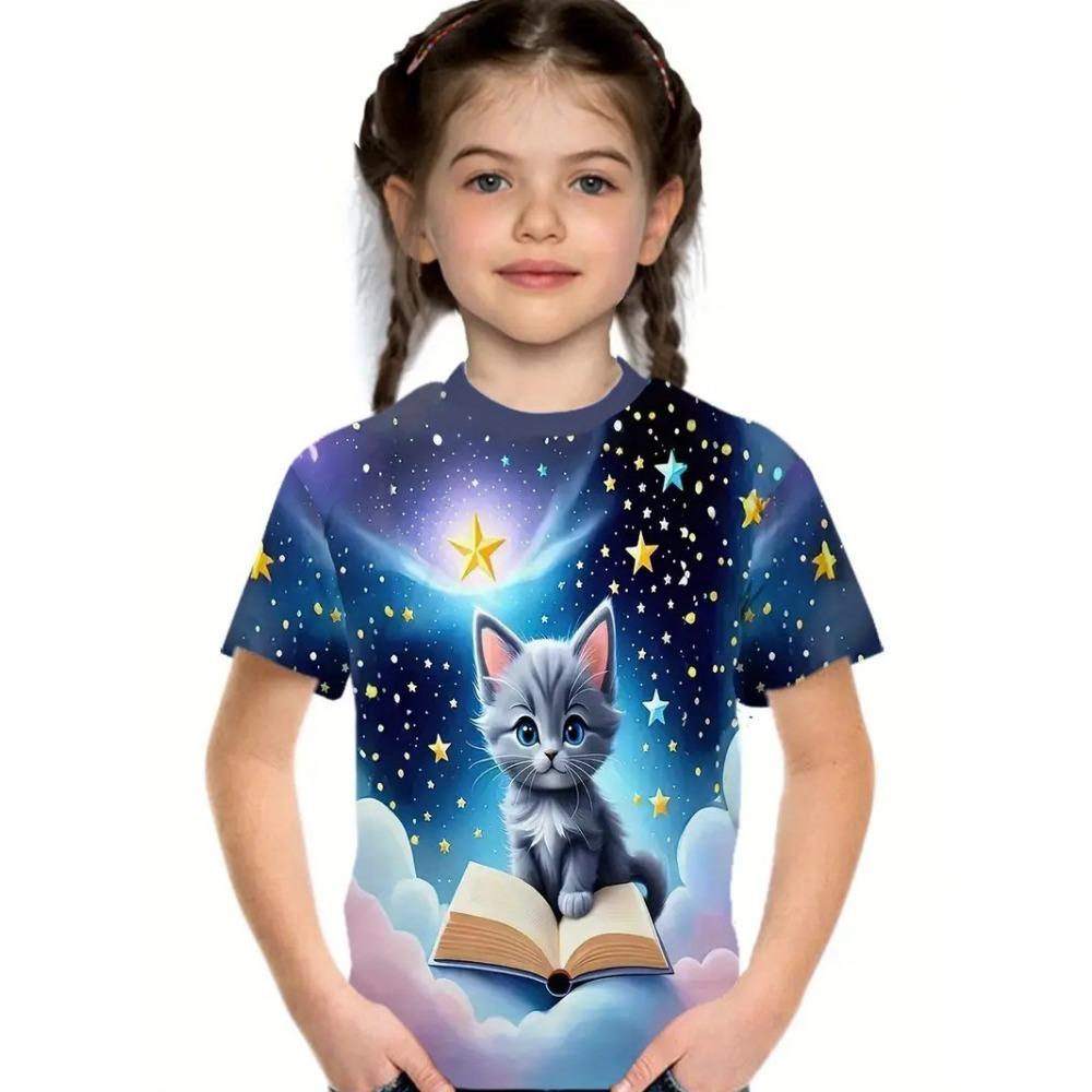

Летняя новая футболка для девочек, топы, нарядная, милая, с принтом животных, круглый вырез, короткий рукав 160cm