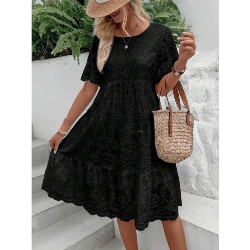 VEZFAA Moda damska Lato Wiosna Jednolity kolor Drukuj Krótki rękaw O-Neck Wysoka talia Casual Sukienki