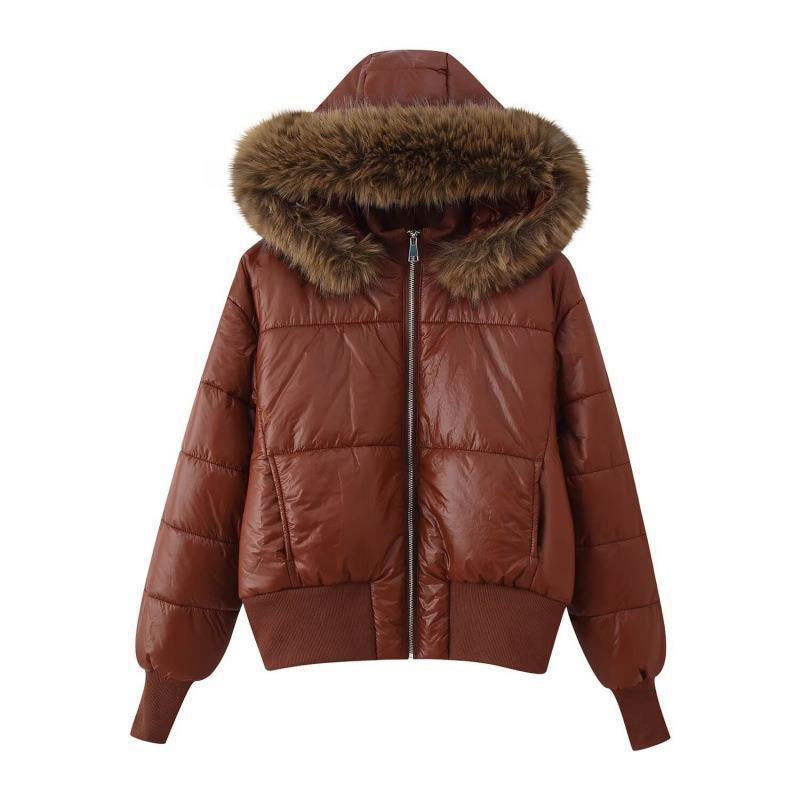 Womens Hooded Cotton Puffer Jacket With Faux Fur Trim Zipper Front Long Sleeve Pocketed Regular Fit Streetwear Style