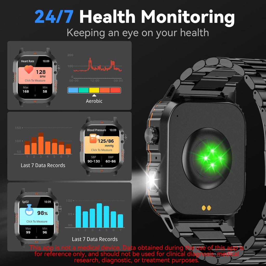 Robustes und langlebiges Militär-Smartwatch 1500mAh Akku 30-Tage Blouetooh Anruf Multifunktionalität, LED-Taschenlampe 150 Sportmodi Android iPhone.