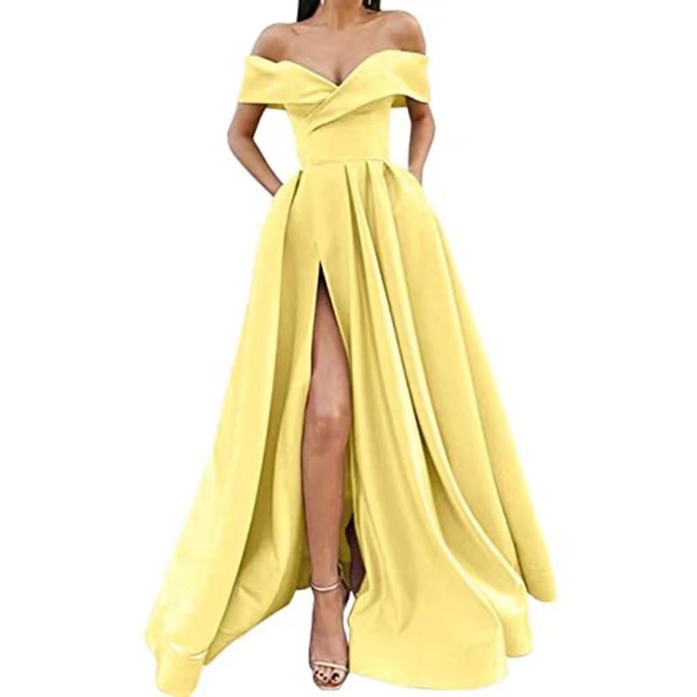 Abito Maxi Donna Scollato A Spalla Senza Maniche Linea Ad A Vita Alta Elegante Raso Spacco Abito da Sera