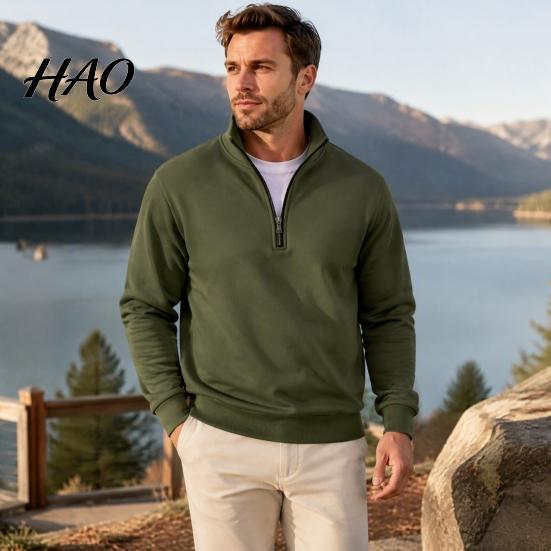 Outdoor Fitness Clothing Mens Quarter Zip Sweatshirt, Stand Collar Athletic Fleece Pullover, Ribbed Hem Cuffs, Casual Streetwear Hoodie Long