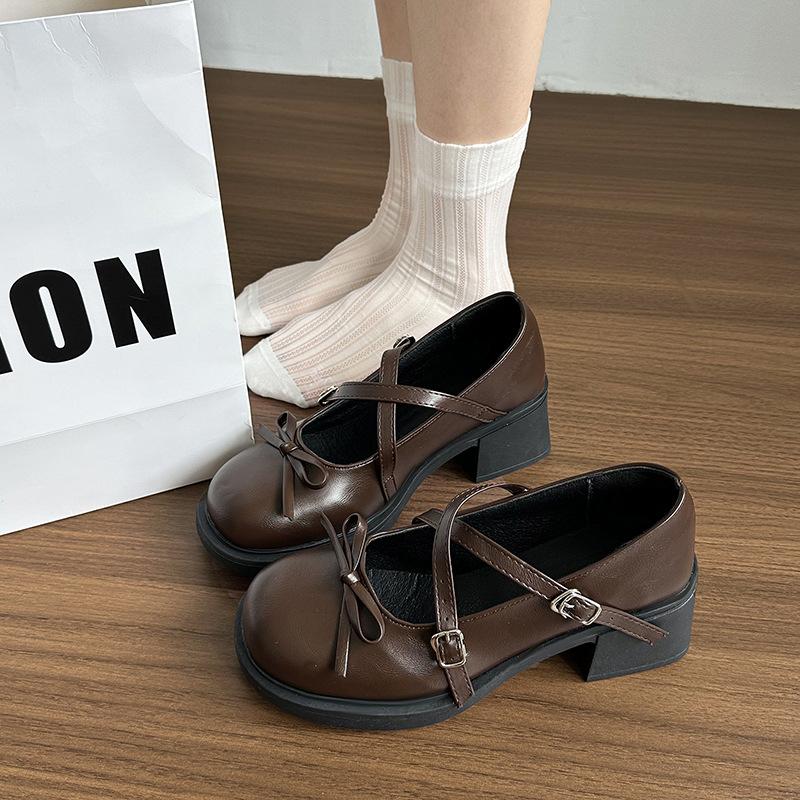 Französische runde Zehenpartie Plateau kleine Lederschuhe Damen Sommer 2025 neu Schleife mit Rock Höhenzunahme Mary Jane Einzelschuhe