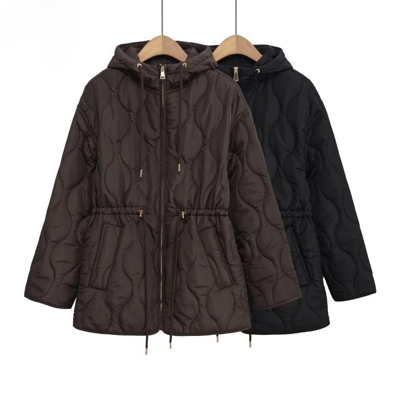 Winter Damesmode Verticale Kraag Strik Capuchon Taille Gevulde Jas Licht Warm Losse Jas