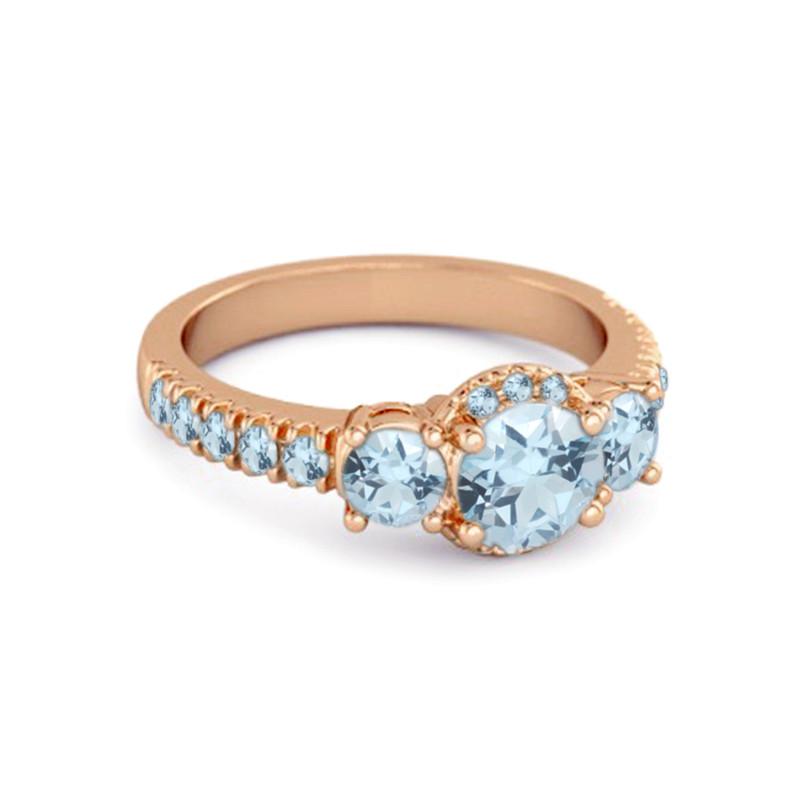 Blue Topaz Three-Stone Halo Pavé Band Ring -925 Sterling Silver Rose Gold Vermeil