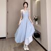 French Temperament Blue Suspender Dress Children's Summer New Temperament Waist Irregular Splicing Dress