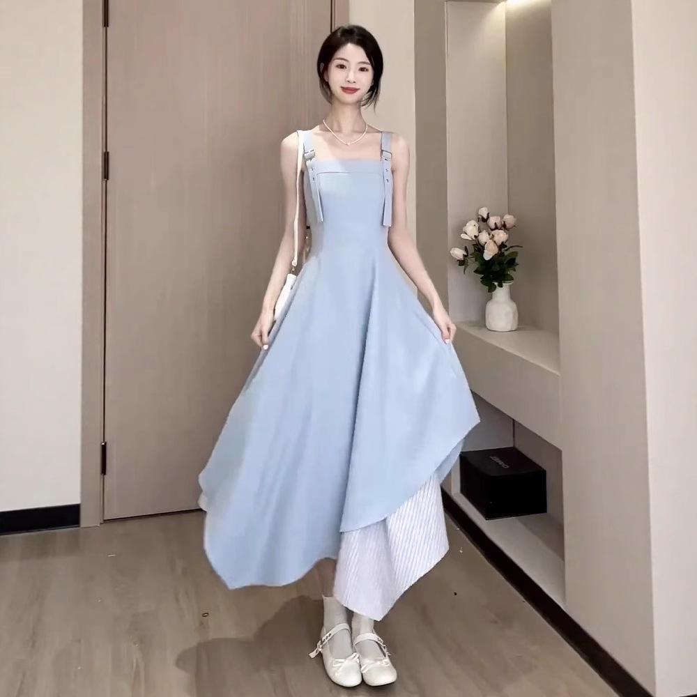 French Temperament Blue Suspender Dress Children's Summer New Temperament Waist Irregular Splicing Dress