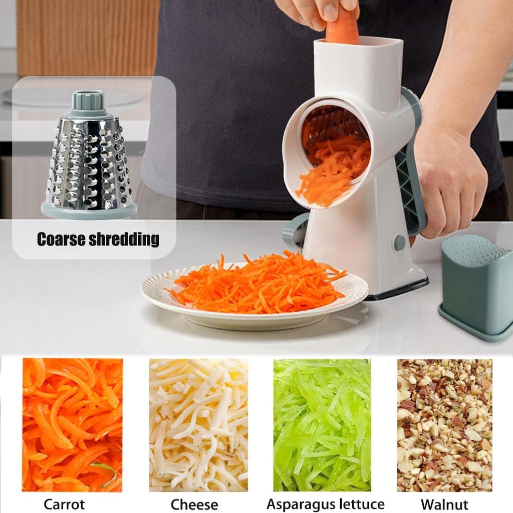 Rotary Cheese Grater Shredder with Handle Handheld Round Mandoline Vegetable Slicer Carrot Shredder Nut Grinder with 3 Replaceable Stainless Steel