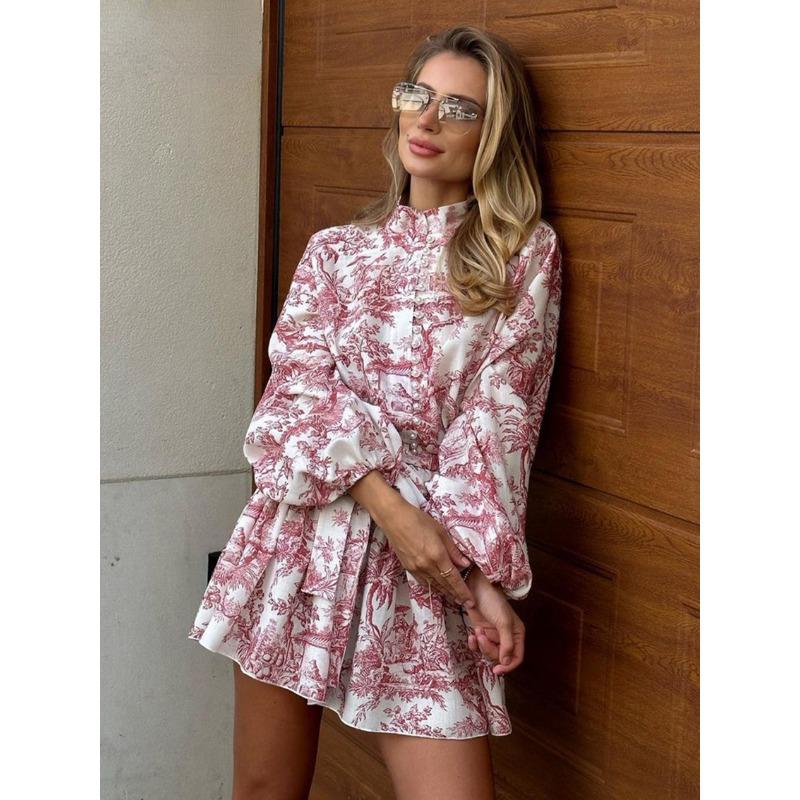 Clacive Lässiges Lockeres Bedrucktes Damenkleid 2026 Mode Stehkragen Puffärmel Minikleider Elegantes Schnürung Faltenkleid für Damen