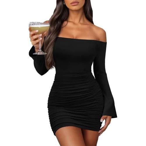 European and American Casual Fashion Atmosphere Elegant Women's Clothing One-word Shoulder Solid Color Temperament Fashionable Women's Dress