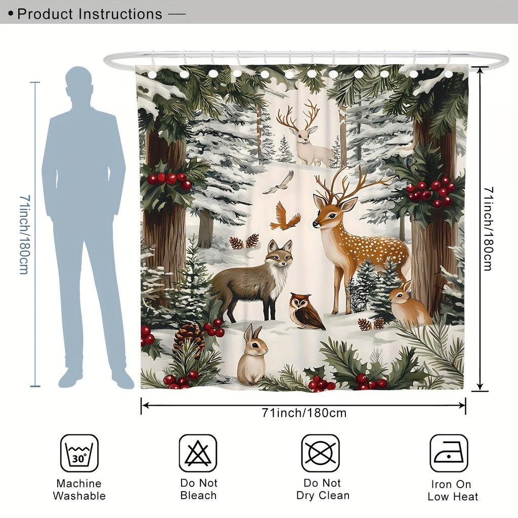 1pc Shower Curtain - Festive Winter Forest Scene with Deer, Fox, Owl, and Bunny Waterproof