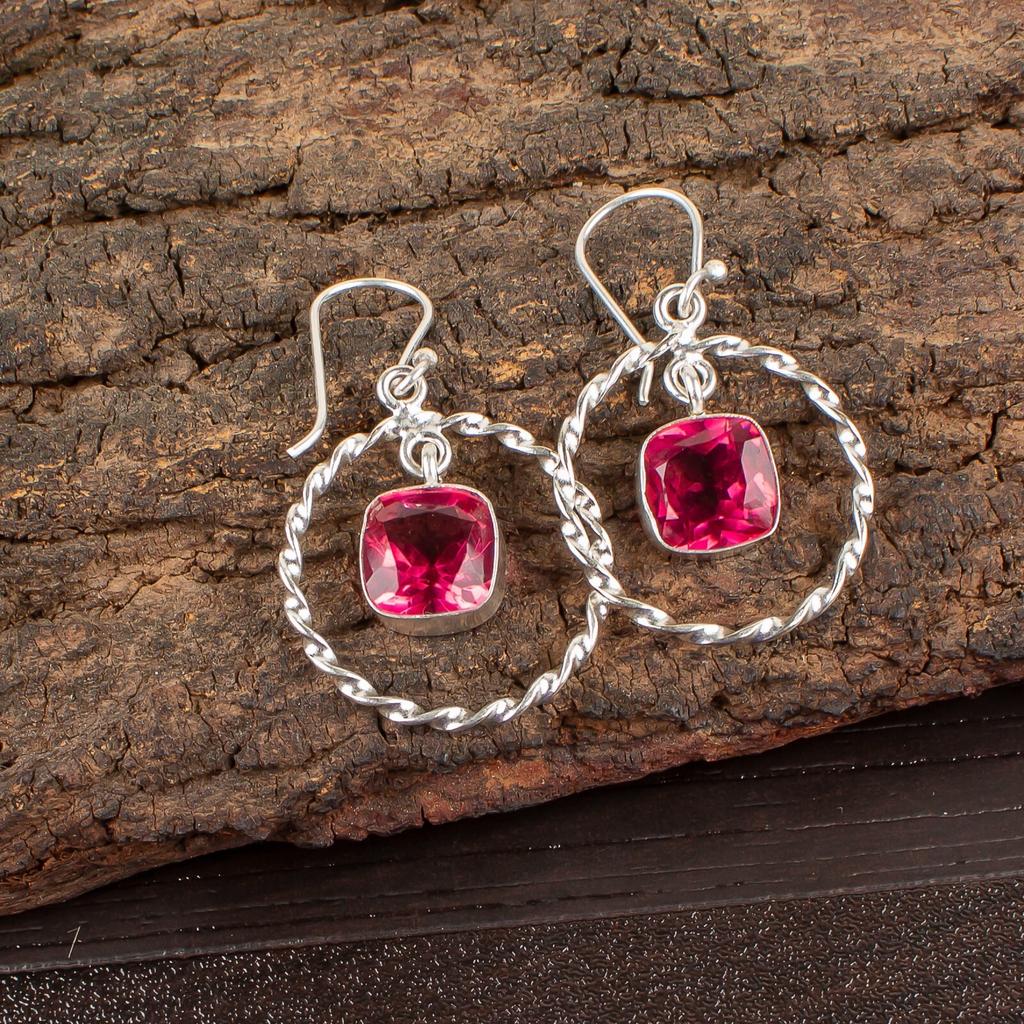 Pink Tourmaline Gemstone 925 Sterling Silver Jewelry Handcrafted Earrings 1.60" EE-60-17