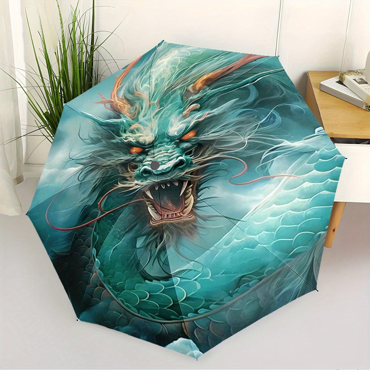 Automatic Folding Umbrella with Fierce Green Dragon Design - 8-Rib Portable Collapsible Umbrella, Durable Plastic & Iron Frame