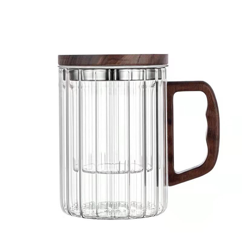 Creative Vertical Stripe Glass Tea Infuser Cup With Transparent Filter Wooden Handle Lid Flower Tea Separation Tea Mug Drinkware 400ML