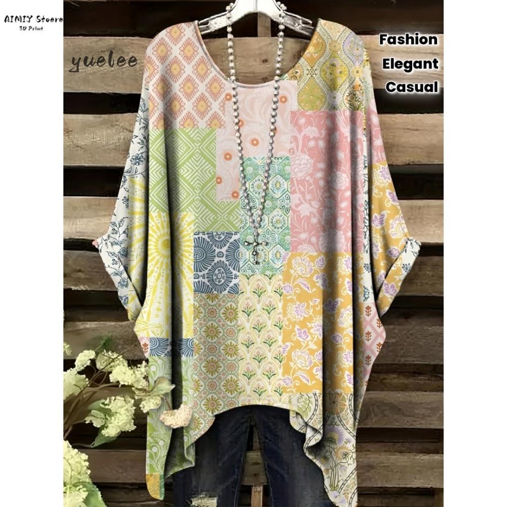 T-shirt Elegante Bohemien da Donna Stampa Notte Stellata Bianco Pois su Tutta la Superficie Orlo Asimmetrico Scollo a O Moda Casual Donna Abbigliamento Y2k