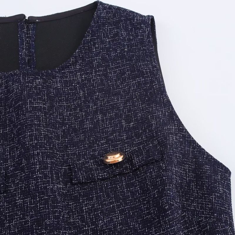 Kaslead New Women clothes Western Style Fashion Simple Temperament Commuter Style round Neck Sleeveless Pleated Skirt