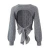 Womens Cropped Knit Sweater With Back Bow Detail Slim Fit Long Sleeve Pullover Gray Beige 2025 Fall