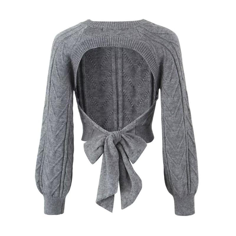 Womens Cropped Knit Sweater With Back Bow Detail Slim Fit Long Sleeve Pullover Gray Beige 2025 Fall