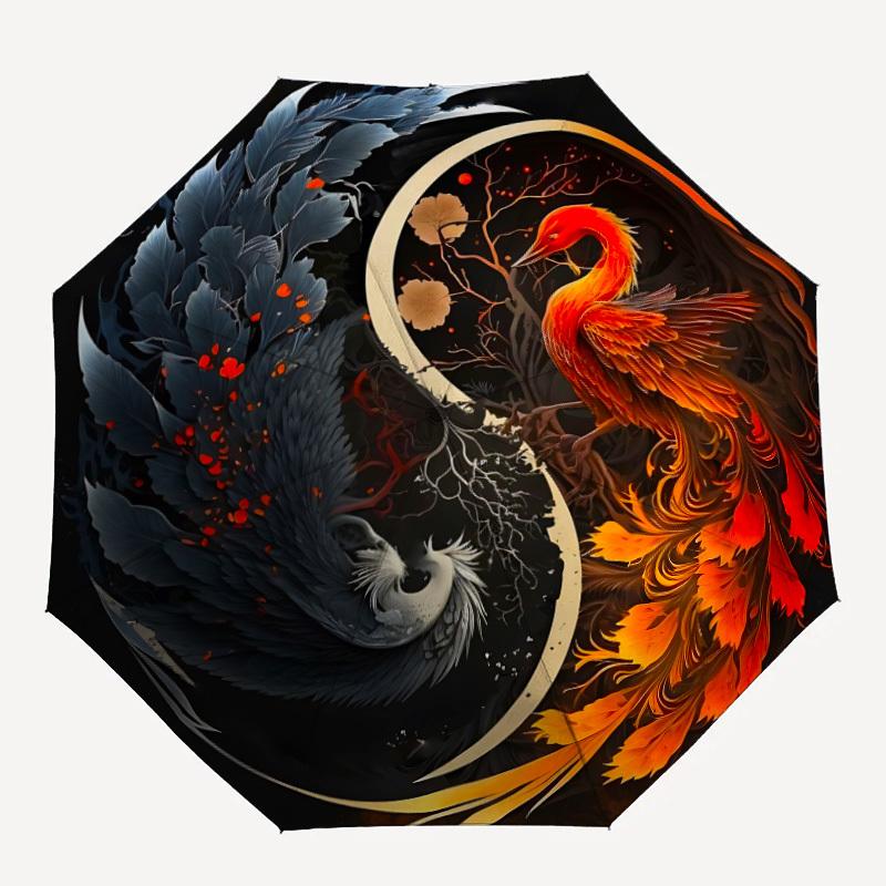 

1pc Phoenix Yin Yang Symbol Automatic Folding Umbrella - 8-Rib Iron Frame, Portable Sunshade with Plastic Handle yy250731309