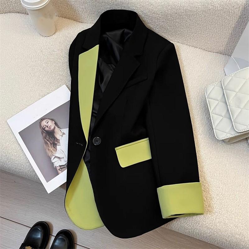 Dámský podzimní sako s dlouhým rukávem a kontrastním patchworkem, ležérní do kanceláře, dámská bunda