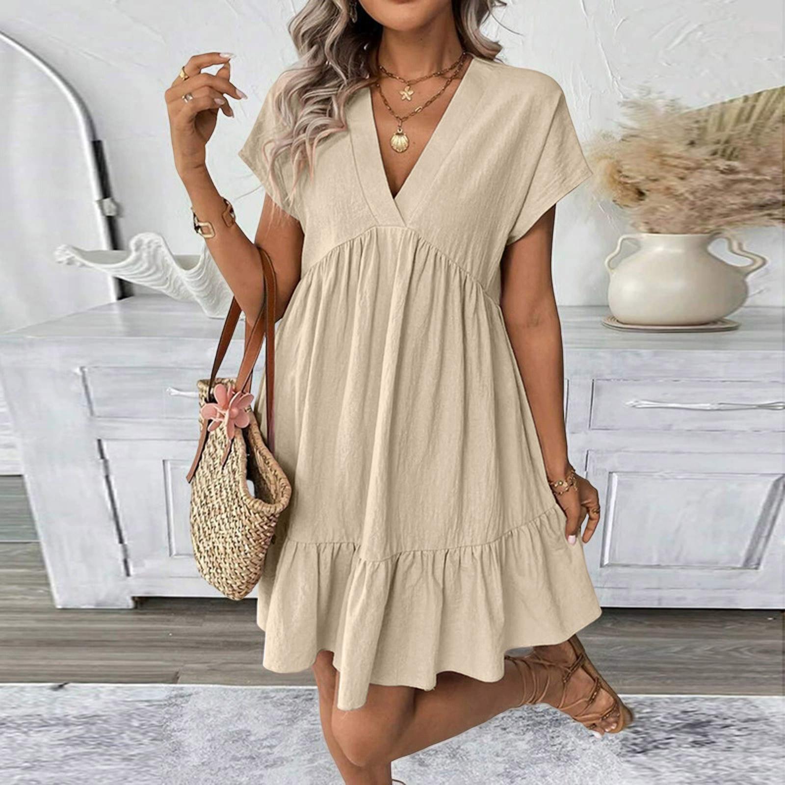 

Linen Dress For Women Short Sleeve V Neck Button Down Loose Fit Vacation Cotton Tunic L бежевый