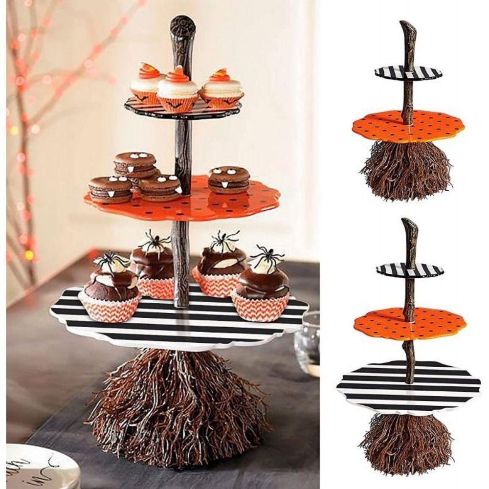 Wooden Table Snack Tray Anti-deformation Witch Broom Table Halloween Wood Cake Stand  Cake Stand
