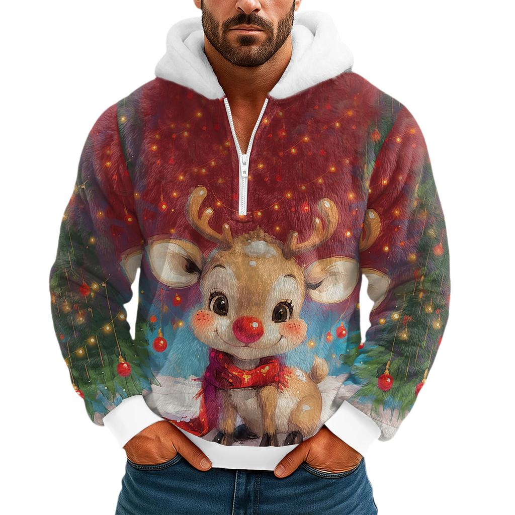 Pánská plyšová mikina s kapucí a polovičním zipem