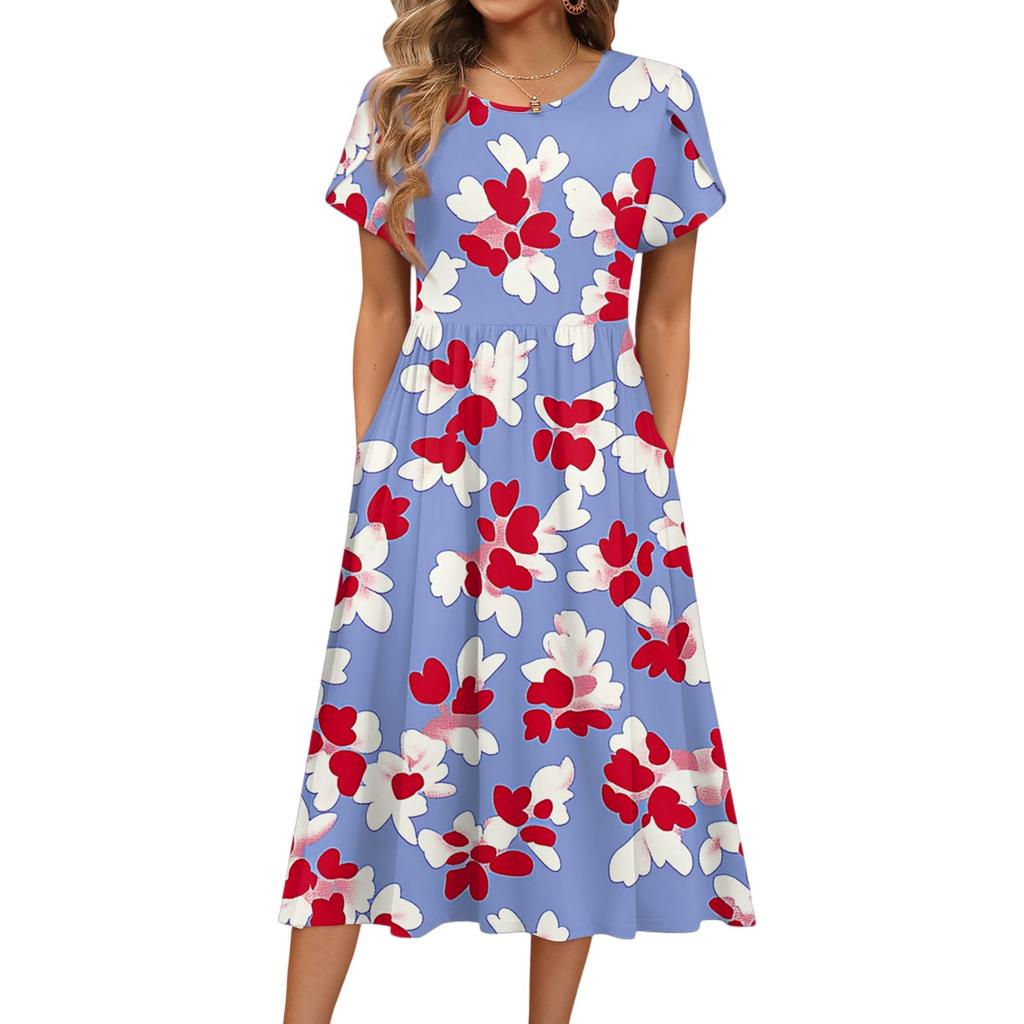 Damenmode Sommer Rundhals Kurzarm Blumendruck Strandkleider