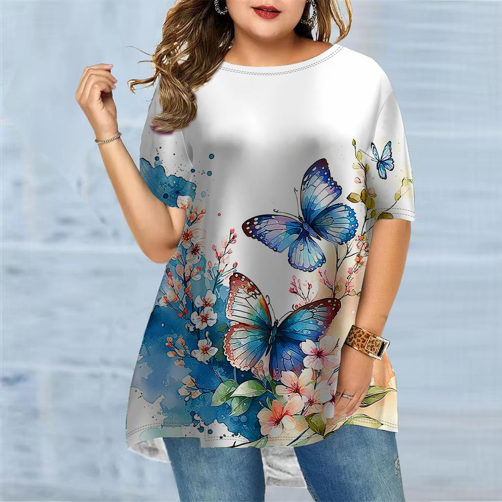 Damski T-shirt w dużym rozmiarze na lato z czerwonym nadrukiem kwiatowym, wygodny, z krótkim rękawem i okrągłym dekoltem, casualowy, luźny, o średniej długości