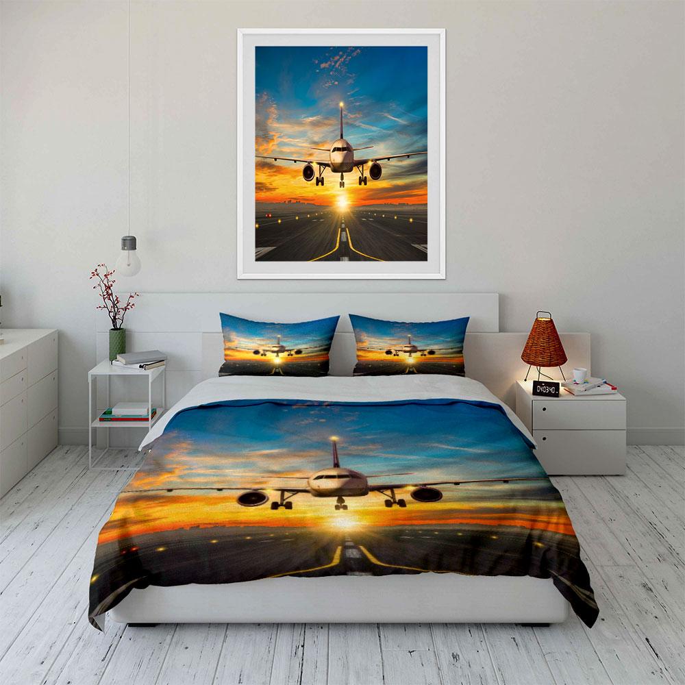 Airplane Sunset Art Decor Set Soft Comfortable Duvet Cover Bedding Set Included 1*Duvet Cover & 2*Pillowcases, Gift