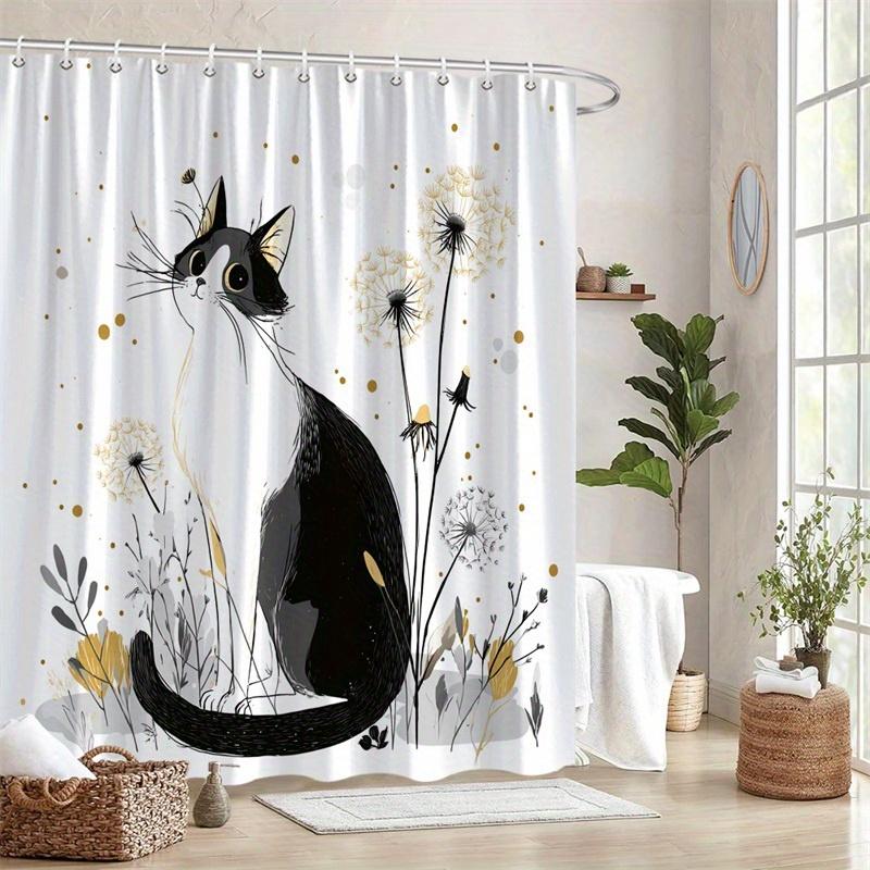 1Pc Black And White Cat And Dandelion Shower Curtain - Polyester Fabric, Machine Washable, Suitable For Bathroom Decoration