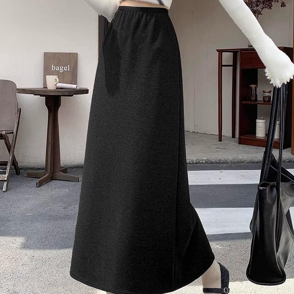 Fluffy Thickened A-Line Wool Skirt for Women - Autumn/Winter 2025, Slimming Mid-Length for Pear Shapes