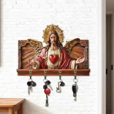 Yousheng Wall Mount Key Holder Wooden Carving Jesus Themed Key Organizer Multi-purpose Home Office Entryway Decorative Key Hanger Rack