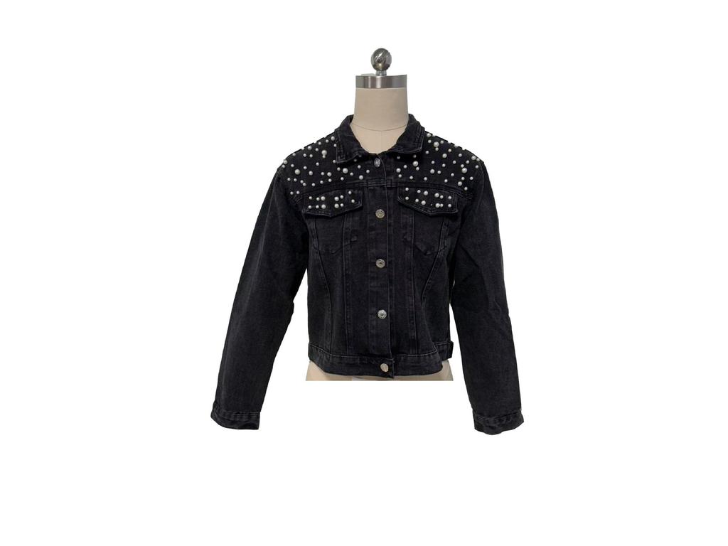 2025 Oversizowana damska kurtka dżinsowa z haftowanymi perłowymi koralikami