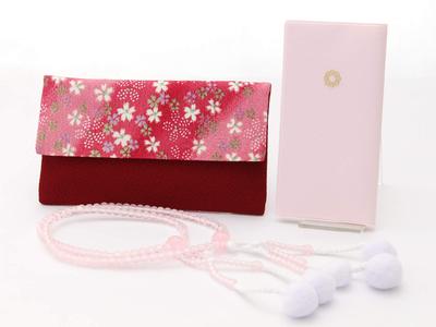 Made In Soka Gakkai Prayer New Member Set for Red Background with White Cherry Rose and a Prayer Bead Japan, Beads, Gift, 3-piece Women, Blossoms,