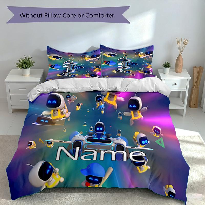 3pcs Custom Name Astro Bot Set,Includes 1 Duvet Cover and 2 Pillowcases,All-season Bedroom Decor
