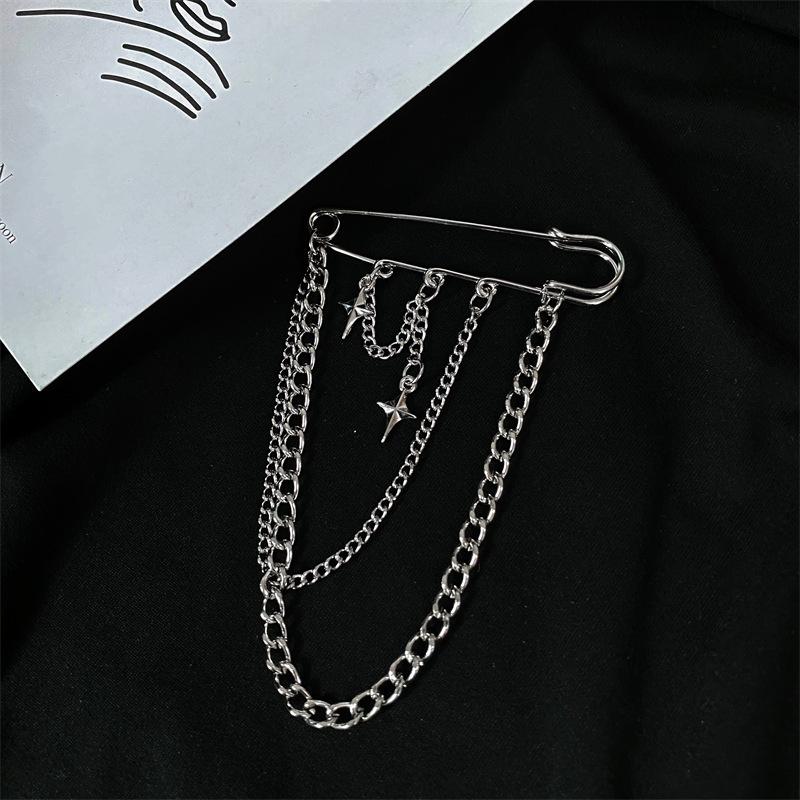 Korean Style Metal Star Chain Brooch for Women Men Suit Decoration Tassel Chain Metal Beads Pin Cloth Jewelry Accessories