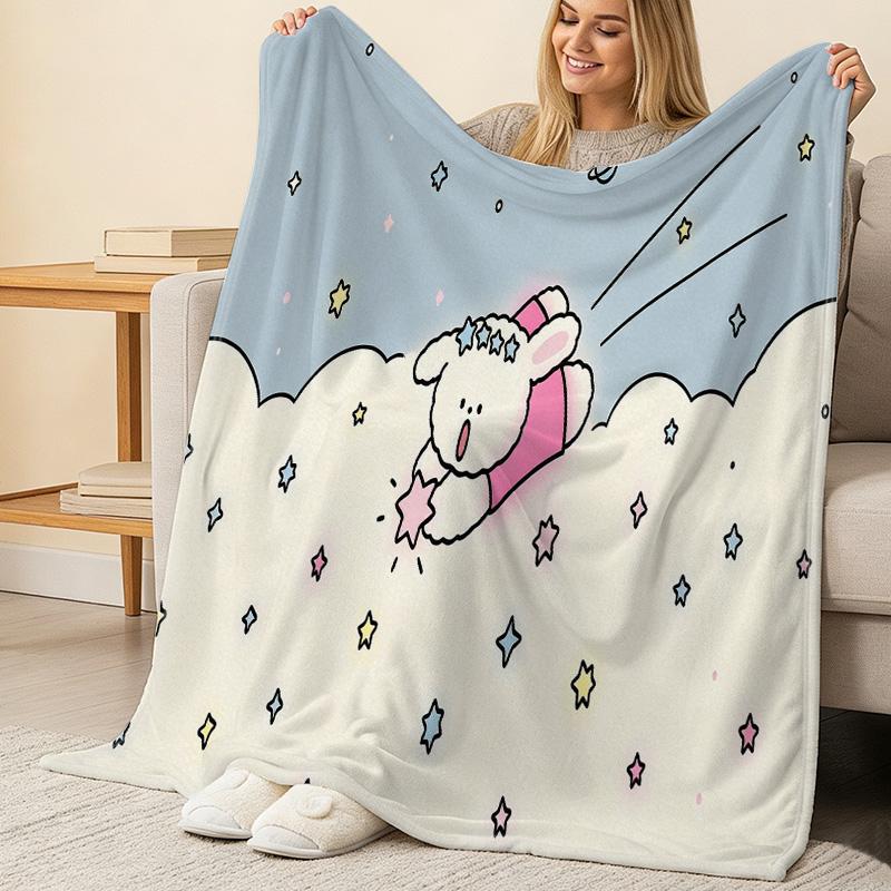 Thick Warm Flannel Blanket - Cartoon Bunny Pattern, Soft Cozy Throw for Home, Guest Room, Christmas & Halloween, Single Size