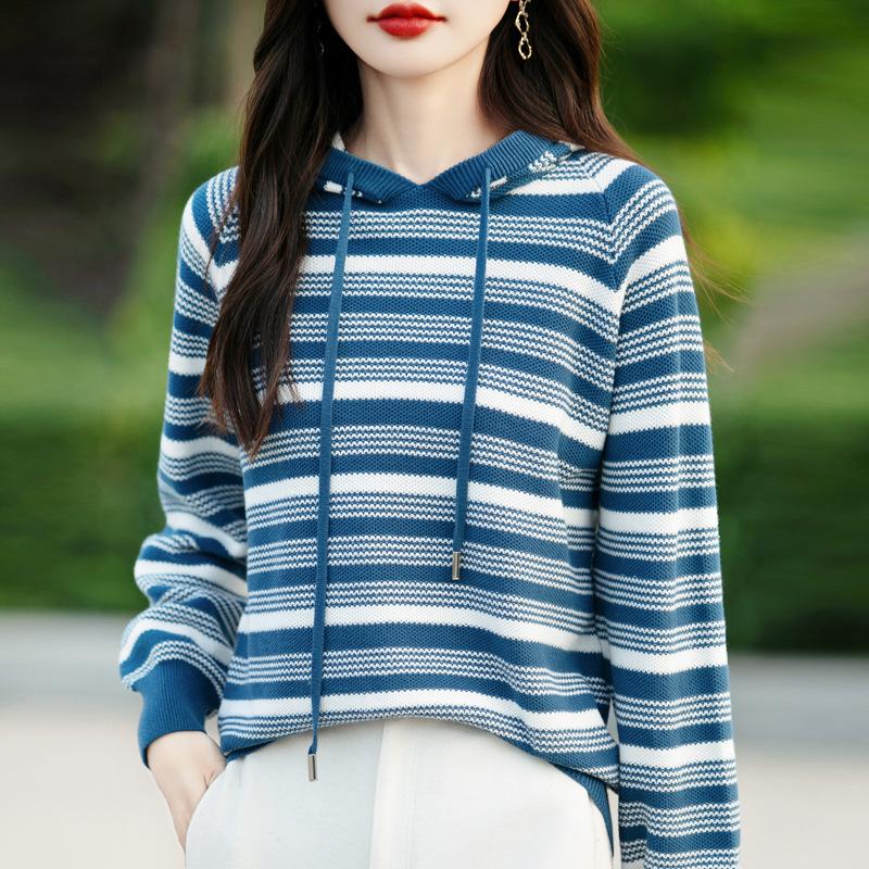 Heavy Thickened Cotton Striped Hoodie for Women In Autumn and Winter New Fashionable and Versatile Warm Knitted Sweater Lazy Hoodie