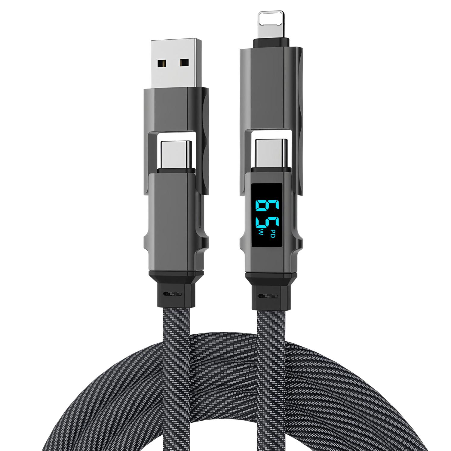 

4-in-1USB Cable Type C PD Fast Charging Wire With Digital Display For iPhone Macbook iPad Samsung Xiaomi Type C Lighting Cable 1m чёрный