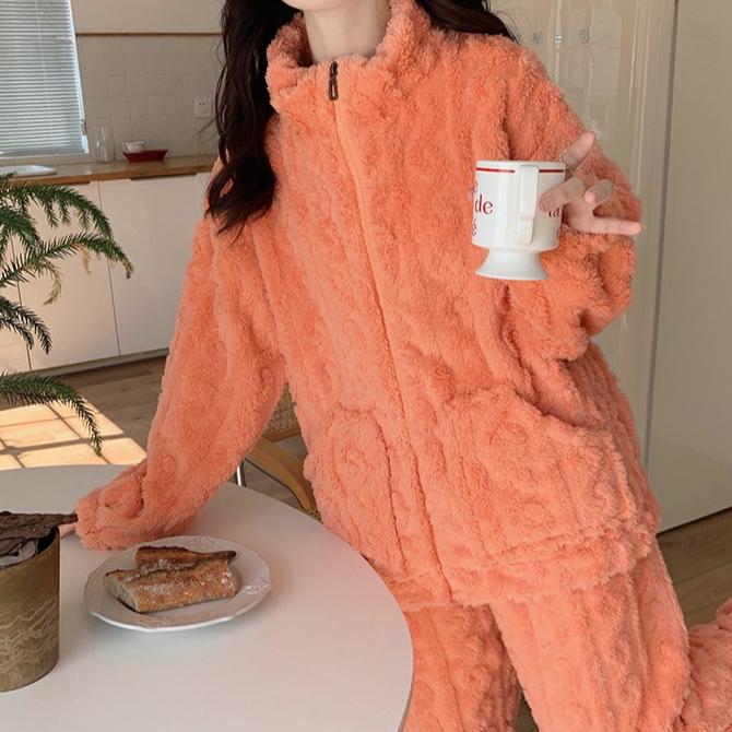 Cozy Flannel Pajama Set for Women Casual Stand Collar Long Sleeve Top with Pants Solid Color Knit Sleepwear Adult Fall/Winter Warm Loungewear