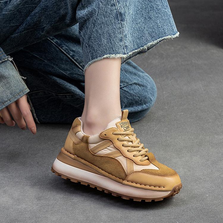 Johnature Genuine Leather Sneakers Casual Sports Shoes Round Toe Lacd-up Retro Versatile Women's Flat Shoes